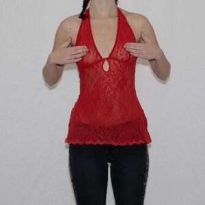 Y2k mesh lingerie halter top red w/ cutout size small victoria's secret